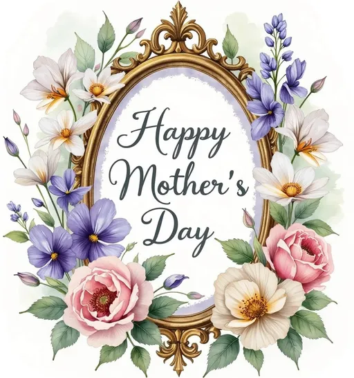 Prompt: A nostalgic, Victorian-style Mother’s Day card featuring hand-drawn botanical elements, lily-of-the-valleys, violets, intricate roses, and an ornate golden frame.