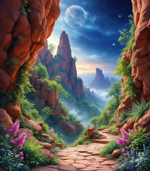 Prompt: Imagine a breathtaking nighttime, springtime pencil, marker and watercolor painting landscape of otherworldly red stone formations—ancient, craggy cliffs and sculptural rock towers curving over the ground, shrouded in mist, looming over distant valleys, their weathered surfaces etched with time. 
Nestled within cracks and terraces of the rock, an otherworldly rock garden has taken hold. Delicate life emerges improbably from the stone in an explosion of color: silky grass, delicate otherworldly wildflowers, colorful succulents, tender green shrubs, yellow forsythia, purple wisteria, pink clematis, dew-covered ivy and small, wind-shaped trees rooted in narrow seams of soil. Soft pink and white blossoms cascade from the rock faces, while lilacs, daffodils, hyacinths, snowdrops, tulips, irises, bluebells, dandelions, and other spring flowers bloom in pockets between boulders and along natural stone steps, as if the cliffs themselves are flowering.
Moonlight glimmers on dew-kissed petals and mineral surfaces alike, lending a cool, faintly golden glow to the stone and blooms. Above is a star-filled night sky streaked with distant nebulae, casting gentle shadows that emphasize the scale and texture of the rock formations. Below, sparse but lush dark green grasses ripple softly at the base of the cliffs, reinforcing the contrast between unyielding stone and fragile life.
Rendered as a highly detailed oil landscape in the spirit of 19th-century realist painting, the scene invites the viewer to lose themselves in the serene tension between monumental geology and the quiet persistence of spring.