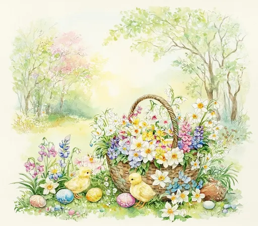 Prompt: Imagine a charming Victorian-style Easter greeting card, adorned with a delicate basket overflowing with vibrant snowdrops, cheerful crocuses, fragrant violets, sunny daffodils, and pristine lily of the valley. The scene is bathed in soft pastel hues, as the gentle light of spring filters through a canopy of blooming trees, casting a warm glow on the flowers. Nestled among the blossoms are fluffy newborn chicks, their downy feathers glowing in the light, playfully interacting with the intricately decorated Easter eggs that lay scattered around the basket. This enchanting composition, rendered in dreamy watercolor, evokes a sense of joy and renewal, capturing the delicate beauty of the season.