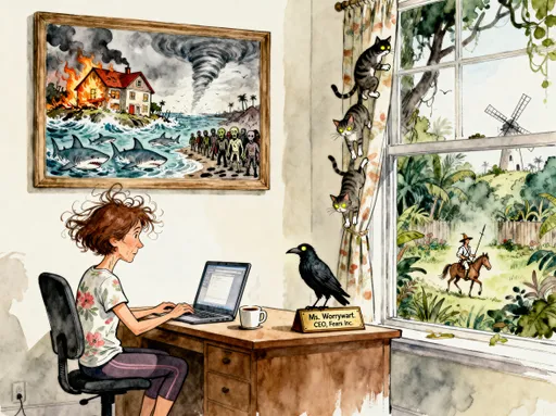 Prompt: Ink and wash cartoon of a middle-aged, thin woman in a floral tee-shirt and yoga pants, her short brown hair in disarray, wild curls looking like she's run her hand through them. She sits at a desk in front of her open computer. A cup of coffee is next to the computer. A desk plaque reads Ms. Worrywart. CEO, Fears Inc. On the wall behind her hangs a large framed painting of disaster scenes: a house on fire being washed away by a flood filled with sharks, as a tornado approaches from one side and a zombie army from another. A large window opens onto an overgrown jungle backyard, and crazy cats climb on the curtains and a crow sits on the windowsill, staring with glowing eyes. In the distance, Don Quixote on his skinny horse rides towards a windmill. This is a whimsical illustration of a woman who worries too much, an ironic commentary on our worst fears that never come true. 