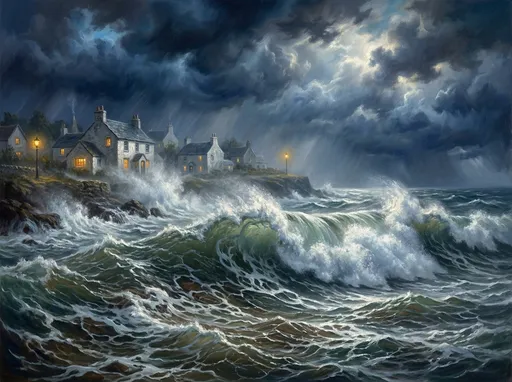 Prompt: An exquisitely detailed fine arts digital painting depicting a coastal scene during a storm. The painting features a dark, turbulent sky with swirling clouds in shades of deep blue and gray, creating a sense of impending weather. In the background, there are several white buildings, suggesting a small, picturesque coastal town or village. The buildings appear to be partially obscured by the stormy weather, with some parts of them illuminated by a yellowish light, possibly from street lamps or windows.

In the foreground, there is a large, dynamic wave crashing towards the shore, with white, frothy foam at the top and darker, churning waters below. The wave's texture is vividly captured, with detailed,swirling patterns that convey the motion and power of the storm. The painting's colors are primarily dark blues and grays, with whie foam and green swells and the yellow light providing a stark contrast.

The overall style of the painting is romantic and realistic, focusing on capturing the mood and movement of the storm rather than precise details.