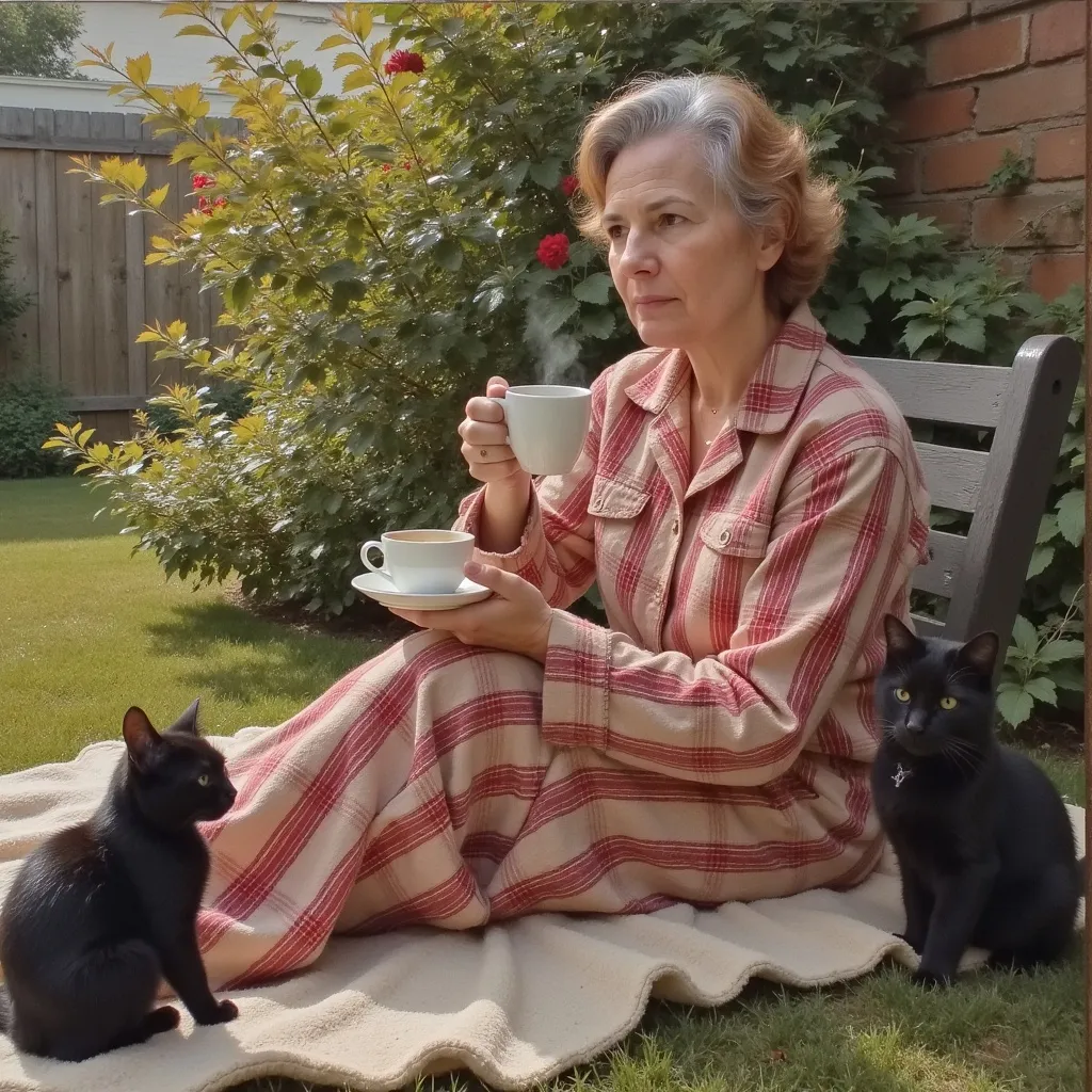 Prompt: woman in plaid pajamas sits in garden early in the morning, with black cats, drinking coffee, fine arts illustration, oils