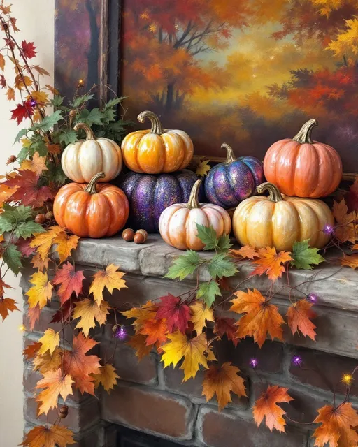 Prompt: autumn display featuring dichroic glass and glittery, color-shift resin pumpkins in lovely autumn colors, set on a brick mantlepiece.  The brick ledge is composed of faded bricks with visible mortar lines, providing a rustic base for the pumpkins. The overall scene evokes a Fall atmosphere with a mix of whimsical elements. A thick garland of many different species of fall leaves with acorns and purple, orange, red and yellow string lights decorate the periphery of the display. Oil painting.