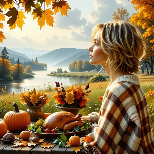 Prompt: fall scene in lush meadow in flat river valley with distant hills, pensive woman with chin-length blonde bob hair looks into the distance, faint mist, color-changing trees, distant sparkling river, warm mellow light, food on table with plaid fuzzy blanket, sun shining through falling leaves, roast turkey, pumpkins, fall leaves in a vase, exquisitely detailed fine arts illustration, oils