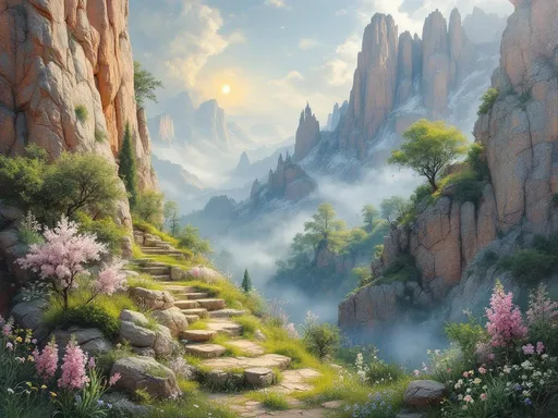 Prompt: Imagine a breathtaking springtime landscape  in exquisite oils dominated by towering, magnificent stone formations—ancient, craggy, reddish-gray cliffs and sculptural rock spires rising from mist-filled valleys, their weathered surfaces etched with time. The stone is monumental and commanding, catching silvery moonlight along sharp ridges and fractured faces, while fine mist clings to crevices and ledges.

Nestled within cracks and terraces of the rock, an otherworldly rock garden has taken hold. Delicate life emerges improbably from the stone: tender green shrubs, delicate otherworldly flowers, grass, and small, wind-shaped trees rooted in narrow seams of soil. Soft pink and white blossoms cascade from the rock faces, while lilacs, daffodils, hyacinths, snowdrops, tulips, irises, bluebells, dandelions, and other spring flowers bloom in pockets between boulders and along natural stone steps, as if the cliffs themselves are flowering.

Moonlight glimmers on dew-kissed petals and mineral surfaces alike, lending a cool, faintly golden glow to the stone and blooms. Above, wispy clouds drift lazily across a star-filled night sky streaked with distant nebulae. Below, sparse but lush dark green grasses ripple softly at the base of the cliffs, reinforcing the contrast between unyielding stone and fragile life.

Rendered as a highly detailed oil landscape in the spirit of 19th-century realist painting, the scene invites the viewer to lose themselves in the serene tension between monumental geology and the quiet persistence of spring.