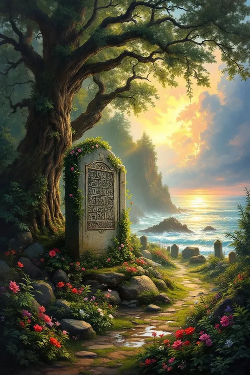 Prompt:  Fine arts oil painting of A lush forest landscape near the sea, with sunlight filtering through tall, ancient trees. The forest floor is covered in vibrant wildflowers, thick ferns, and mossy boulders. In the center, a mysterious stone monument stands partially buried in the earth, carved with worn, strange symbols and draped in flowering vines. In the distance, the shimmer of the ocean can be seen through the trees, with waves crashing against rocky cliffs.  moody summer landscape, with downed branches and leaves after a summer storm passed. Puddles on the ground. The sky, a gradient of indigo and blush, casts a haunting yet serene ambiance. Towering, green deciduous trees loom in the background, their branches whispering secrets to the breeze. A pathway, lined with ancient tombstones, leads into the cemetery’s tranquil depths, where shadows dance delicately. Scene framed in oval of delicate vines and gold scrollwork