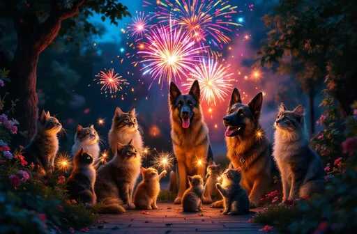 Prompt: In a secluded, dimly-lit park flanked by flower beds, a group of cats of various breeds—fluffy Persians, sleek Siamese, and regal Maine Coons—are gathered alongside robust German Shepherds, their expressions a mix of curiosity and excitement. Each cat and dog delicately holds a colorful sparkler firecracker in its paw, the glowing embers casting flickering lights that illuminate their fur in a warm, whimsical glow. Above them, a vibrant sky bursts into a kaleidoscope of fireworks, the sparkling colors intertwining to form the festive words "Happy New Year." The atmosphere is electrifying, with soft, smoky wisps trailing from the fireworks as they crackle and pop, while the alley echoes with a muffled celebration. Render this scene in dark fantasy concept art, focusing on the vivid contrasts between the cats, dogs, and the bright, magical display above. Oils 
