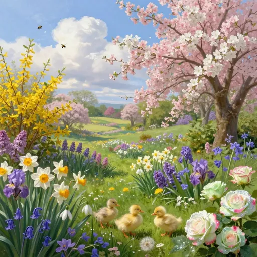 Prompt: Imagine a breathtaking springtime landscape, enveloped in a tapestry of vibrant colors and delicate fragrances. Fluffy, white clouds drift lazily across an azure sky, casting soft shadows over a lush expanse of dark green grass that dances gently in the light breeze. Tender green shrubs burst forth alongside forsythia  and trees adorned with blossoms in soft pinks and whites. A symphony of flowers generously carpets the scene: fragrant lilacs and cheerful daffodils intermingle with vibrant hyacinths, delicate snowdrops, bold irises, charming bluebells, and scattered dandelions, creating a kaleidoscope of colors. Green-white roses with pink-edged petals glisten with dewdrops that refract rainbows in the sunlight. The sunlight glimmers on dew-kissed petals, lending a warm, golden glow to the serene countryside. Fluffy yellow chicks and ducklings. Bees, butterflies and birds. This highly detailed oil landscape invites viewers to lose themselves in its tranquil beauty, reminiscent of 19th-century realist works.