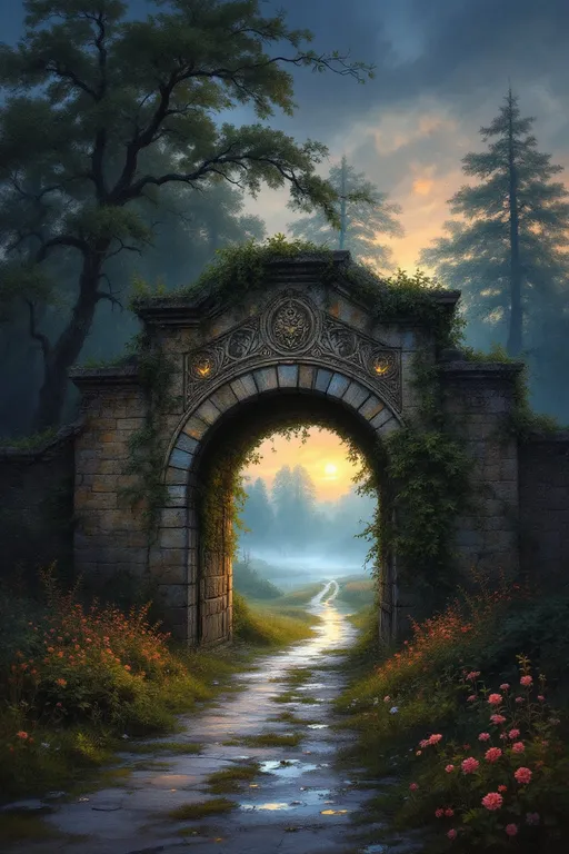 Prompt: An old bridge faraway on a broad, lazy river in the swirling fog. Fine arts oil painting of the outskirts of Roman, Romania in summer, with downed branches and leaves after a summer storm passed. Thick vegetation, wild flowering vines, profusion of flowers. Puddles on the ground. The twilight sky, a gradient of indigo, gold and blush, casts a haunting yet serene ambiance over a weathered stone archway adorned with glowing, mysterious carvings, partially draped in creeping ivy, like a portal to another world. Towering, green deciduous trees loom in the background, their branches whispering secrets to the breeze. A pathway, lined with overgrown bushes, leads to the mill's entrance, where shadows dance delicately.  The scene is infused with a sense of history and reverence, wrapping the viewer in an evocative embrace, reminiscent of a melancholic yet beautiful memory.
