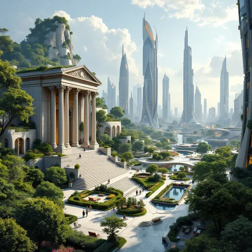 Prompt: A breathtaking futuristic cityscape with a harmonious blend of advanced architecture and lush green spaces. In the side of the frame stands a hill topped by an ornate neoclassical-inspired but futuristic marble building with wide stairs leading to a grand forecourt and portico. The city features elevated garden terraces, flowing waterways, tree-lined pedestrian boulevards, and numerous seating areas with elegant benches. Transparent walkways connect sleek skyscrapers adorned with vertical gardens. Sunlight filters through the buildings, casting gentle shadows across well-designed public squares filled with native plants and artistic installations. The urban planning emphasizes human-scale spaces for gathering and relaxation amidst cutting-edge sustainable technology. Hyper-detailed, wide-angle perspective, beautiful lighting, 8k resolution. Oil painting
