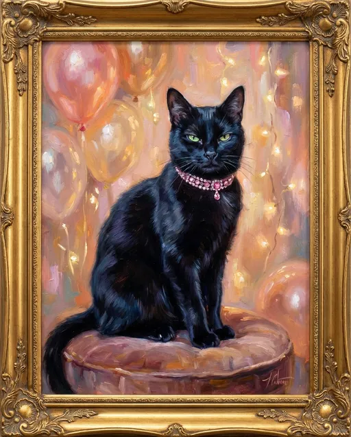 Prompt: A sleek, judgmental black cat with piercing green eyes sits poised, its sharp gaze cutting through the air like a whisper of mischief. The feline’s glossy fur glimmers subtly under soft, ambient lighting, drawing attention to its delicate pink glitter collar that sparkles with an air of playful elegance. The background is a dreamy haze of warm colors, reminiscent of a festive birthday celebration, with hints of soft pastel balloons and twinkling lights. The portrait is elegantly encased in a luxurious gold outline, enhancing the cat's regal demeanor, making it feel like a jewel on a finely crafted birthday card. This composition radiates warmth and charm, perfect for an oil painting that captures both the playful spirit and the discerning nature of this striking cat.
