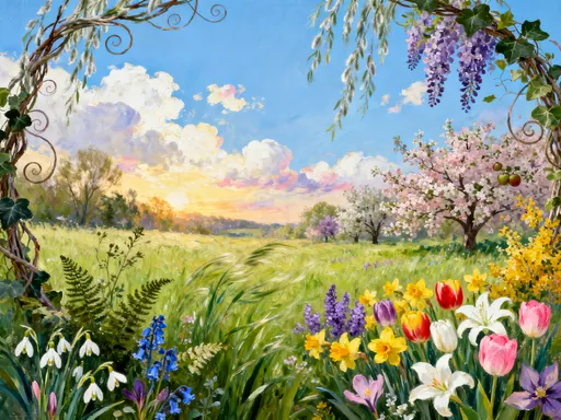 Prompt: A vast springtime sky stretches endlessly above, adorned with small, fluffy, clouds that float lazily across a canvas of azure blue. The sun casts a warm, golden light, illuminating the scene with a soft glow that dances across the clouds, enhancing their vibrant whites and subtle hints of pastel hues. Below, a sprawling meadow bursts with emerald-green grasses, ferns and weeds, springtime wildflowers-snowdrops, crocuses, pink daffodils, bluebells , yellow daffodils, lavender tulips; pink, yellow, red and white tulips, white lilies; blooming lilacs, flowering cherry trees, apple trees in bloom, wisteria, forsythia d clematis - in vivid colors, swaying gently in the cool, refreshing breeze. The air is filled with the sweet scent of blooming flora and the cheerful songs of birds. This serene landscape captures the essence of renewal and joy, rendered in the rich strokes of a realistic landscape painting, creating a harmonious blend of color and motion. The composition is artistically framed by an intricate wreath of soft willow twigs, ivy and curlicue vines