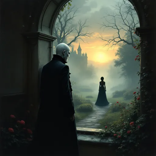 Prompt: Pale, forlorn vampiric man in Victorian attire looks out the arched, ornate window of a mansion at a beautiful woman walking away through the garden, through the fog towards the distant sunrise. Romantic, humorous and gothic atmosphere, oil painting