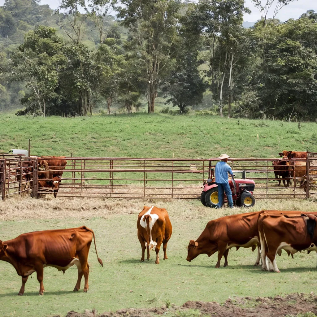 Prompt: Farmer working cattle in a set of yards