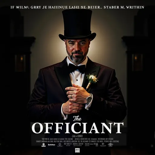 Prompt: Create a moody, cinematic movie poster for a film titled The Officiant. The poster should feature a dark, atmospheric wedding setting with a gangster/mob theme. Highlight a solo character inspired by the uploaded references, ensuring they have a slender, lean physique, goatee, top hat, and bow tie. The character should appear unhappy or conflicted, conveying a somber and intense tone. Blend elements of a wedding and the mafia, emphasizing tension, drama, and unease to reflect the film's dark and gripping narrative.