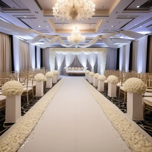 Prompt: A big wedding hall decorated with white flowers and crystals and off white drapes with floor wraps
