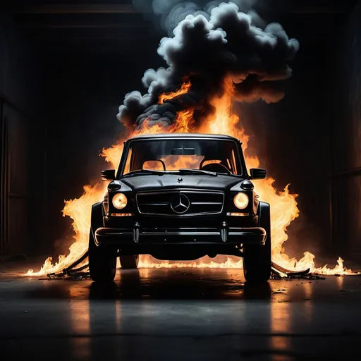 Prompt: (ultra-detailed) black car, (dramatic) benz model, chair engulfed in flames, (dark) shadowy environment, eerie ambiance, (intense) contrast of light and dark, fire illuminating the scene, creating a focal point on the burning chair, photographic quality, (cinematic) atmosphere, mysterious vibes, hint of smoke rising, (high definition)