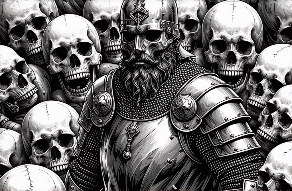 Prompt: spanish crusader, surrounded by skulls in black and white drawing format, no gray or shading, vector graphic, simple detail