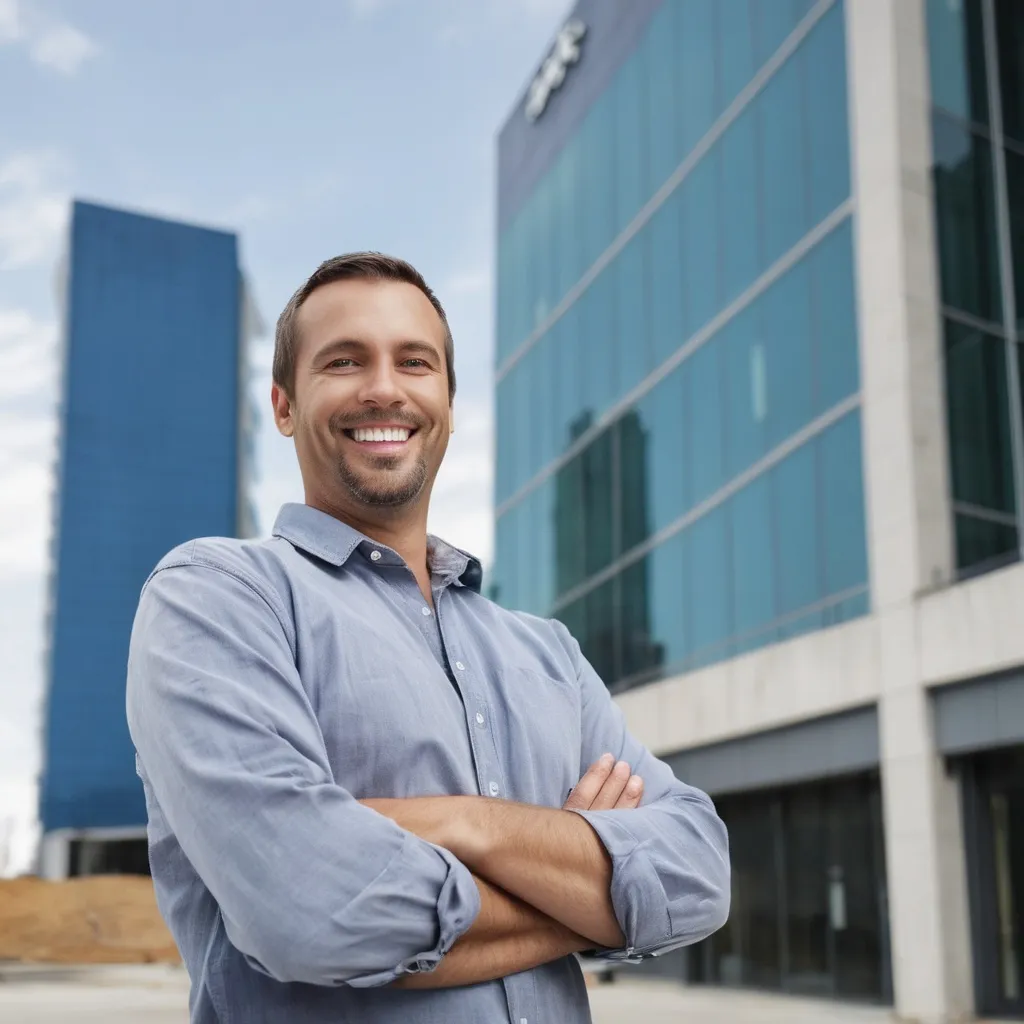 Prompt: Property owner standing in front of a big commercial building, smiling