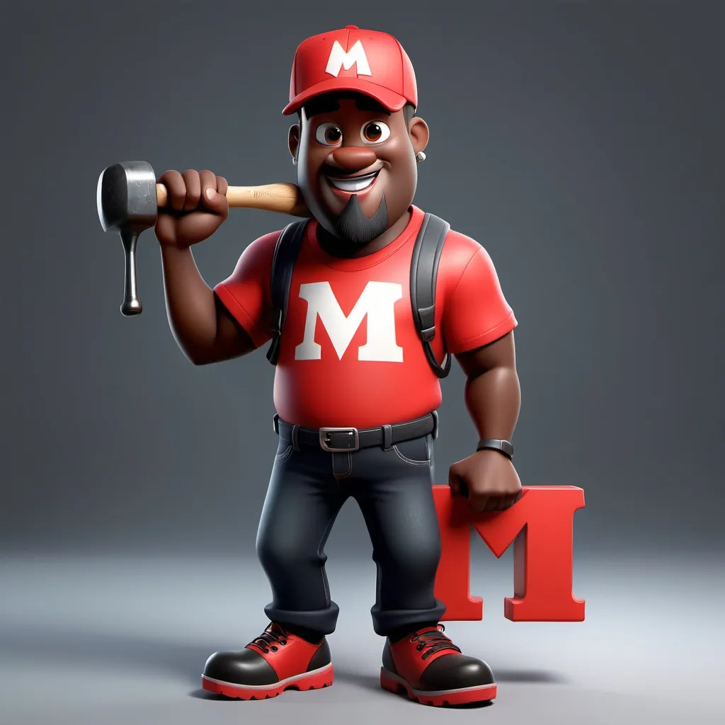 Prompt: Disney pixar black character with goatee, baseball cap with the letter M on it, 2d render style, Hand yman, holding a drill, holding a hammer, red and black colors