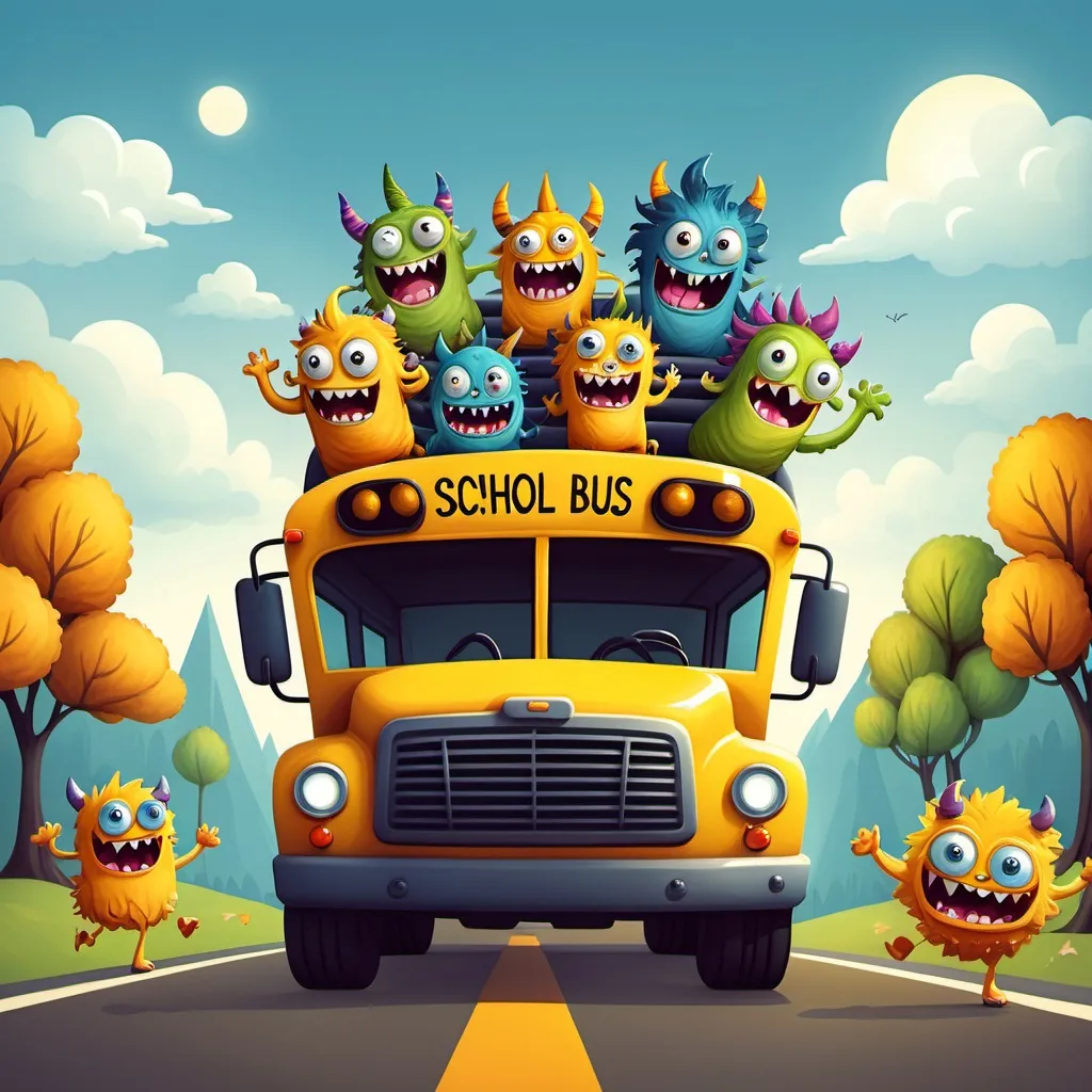 Prompt: happy little monsters riding the school bus