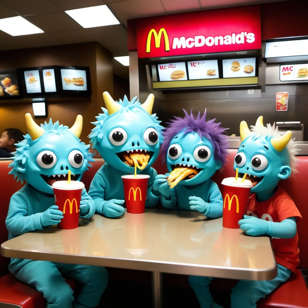 Prompt: happy little monsters eating at McDonalds