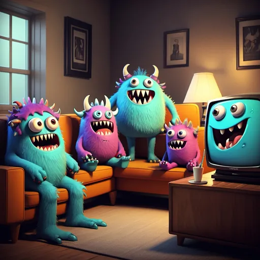 Prompt: happy monsters watching TV