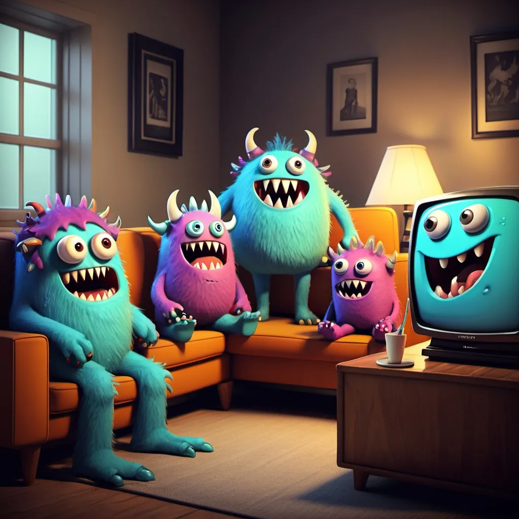 Prompt: happy monsters watching TV