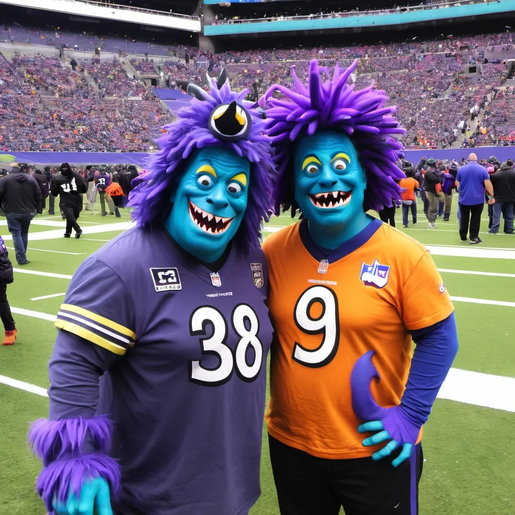 Prompt: happy monsters at  Raven's NFL football game