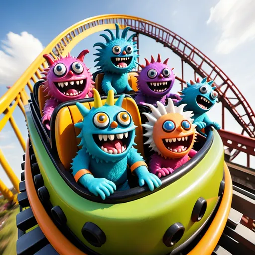 Prompt: happy little monsters on a roller coaster ride