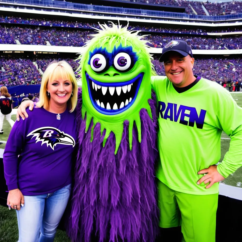 Prompt: happy monsters at  Raven's NFL football game