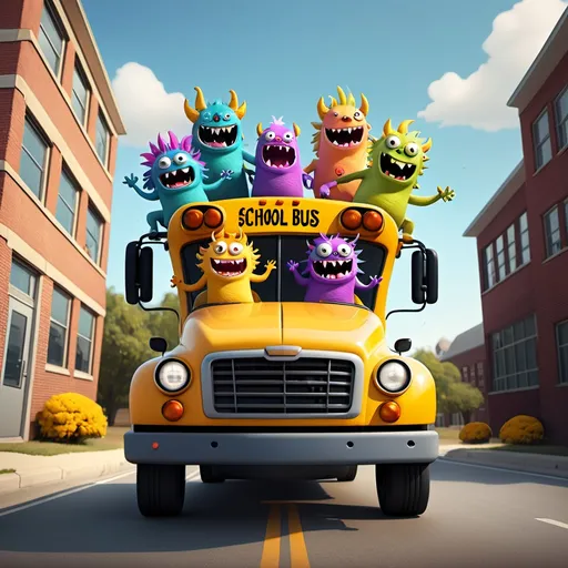 Prompt: happy little monsters riding the school bus