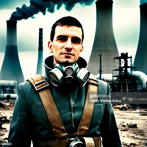 Prompt: (fremen warrior), young and handsome, wearing (fremen suit), holding a gas mask, standing in a (nuclear wasteland), numerous nuclear power plants in the background, (dark, polluted cloudy skies), tense and apocalyptic atmosphere, muted earth tones, chilling mood, gritty details, dramatic contrasts, (ultra-detailed), high-quality visual, eerie ambiance.