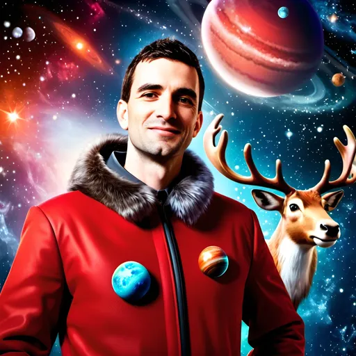 Prompt: a dashing young and handsome Santa Claus wearing Santa's red coat is standing in deep space surrounded by smiling atropomorphic raindeer, aliens, stars, planets, galaxies and nebulas in the background,  festive atmosphere, photorealistic