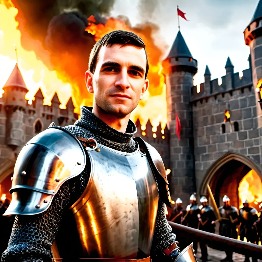 Prompt: A young and handsome king Henry V is standing on a drawbridge of a burning castle wearing medieval armour and wielding a sword, surrounded by knights, medieval atmosphere, battle, carnage, war, photorealistic