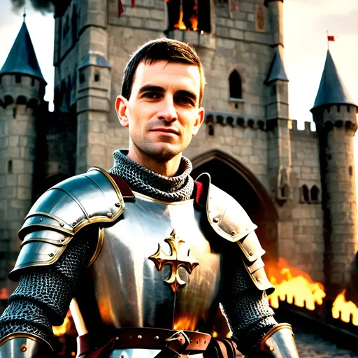 Prompt: A brave young and handsome king Henry V is standing on a drawbridge of a burning castle wearing medieval armour and wielding a sword, surrounded by knights, medieval atmosphere, battle, carnage, war, photorealistic