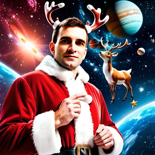 Prompt: a dashing young and handsome Santa Claus wearing Santa's red and white coat is standing in deep space surrounded by smiling atropomorphic raindeer, aliens, stars, planets, galaxies and nebulas in the background,  festive atmosphere, photorealistic