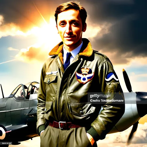 Prompt: A dashing young and handsome World War 2 Spitfire pilot is standing next to a Spitfire fighter plane wearing World War 2 fighter jacket, fighter duels in the sky, cloudy sky, sun breaking through clouds, World War 2, Battle of Britain, war atmosphere, photorealistic