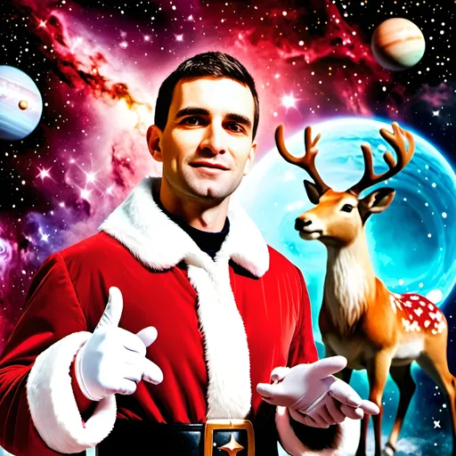 Prompt: a dashing young and handsome Santa Claus wearing Santa's red and white coat is standing in deep space surrounded by smiling atropomorphic raindeer, aliens, stars, planets, galaxies and nebulas in the background,  festive atmosphere, photorealistic