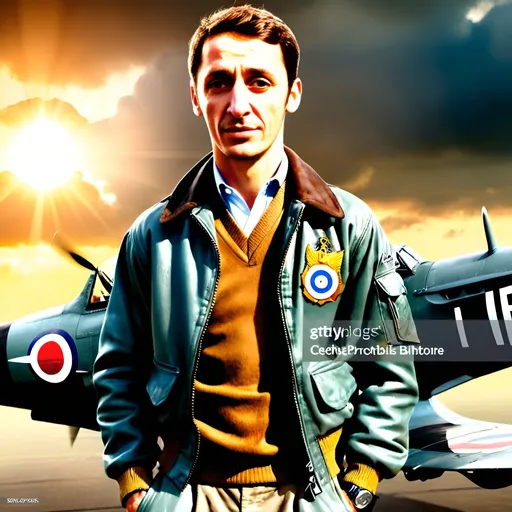 Prompt: A dashing young (handsome Spitfire pilot) wearing a (World War II flight jacket), standing confidently next to a (Supermarine Spitfire fighter plane) on a runway, (cloudy sky) with the (sun breaking through clouds), depicting (fighter duels in the sky). Evokes a powerful (Battle of Britain) vibe, capturing a dramatic (war atmosphere), photorealistic, ultra-detailed, dynamically composed scene.