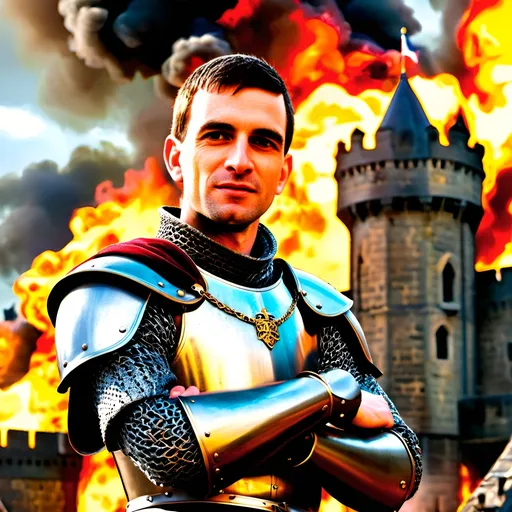 Prompt: A brave young and handsome King Henry V, (standing confidently on a drawbridge), engulfed in flames from the (burning castle), clad in ornate medieval armor, wielding a gleaming sword, surrounding by gallant knights, (intense battle scene), smoke and debris in the air, vivid details capturing the fury of war, dramatic lighting, cool and warm tones, (photorealistic, ultra-detailed).