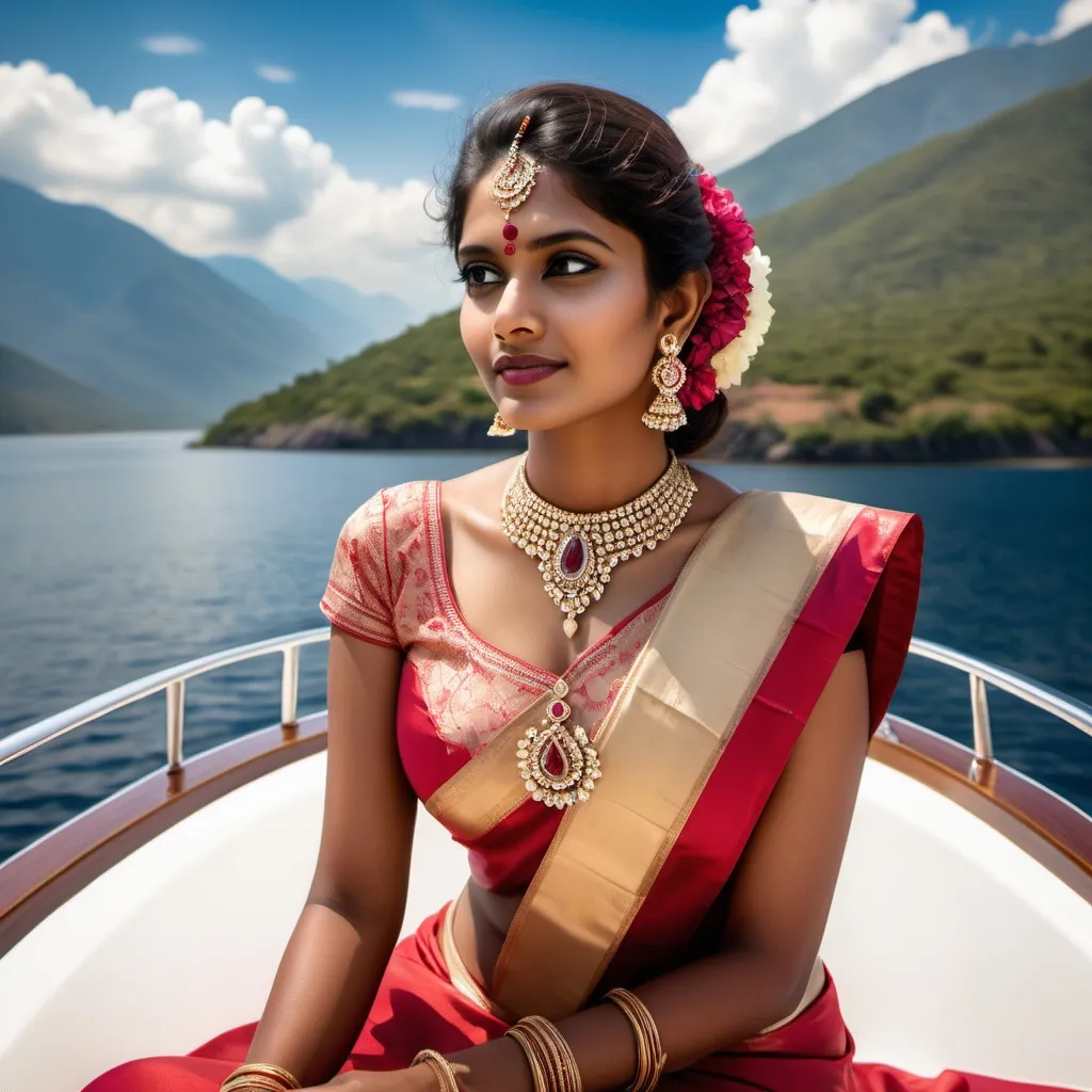 Prompt: A very beautiful south Indian female model wearing Vogue bridal dress , ruby necklace, diamond earrings , relaxing on a yacht with background of mountains and clear blue sky with tiny white clouds. She got good figure which is visible.  