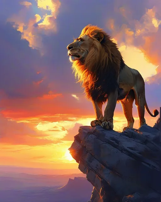 Prompt: (lion standing majestically on a cliff), breathtaking sunset sky with vibrant orange and purple hues, dramatic clouds, panoramic landscape view, soft sunlight illuminating the lion's mane, warm atmosphere, captivating silhouette, high contrast between the lion and the outlined sky, ultra-detailed, cinematic ambiance, serene yet powerful mood, 4K quality.