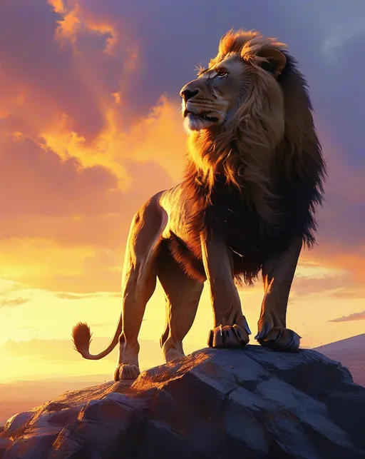 Prompt: (lion standing majestically on a cliff), breathtaking sunset sky with vibrant orange and purple hues, dramatic clouds, panoramic landscape view, soft sunlight illuminating the lion's mane, warm atmosphere, captivating silhouette, high contrast between the lion and the outlined sky, ultra-detailed, cinematic ambiance, serene yet powerful mood, 4K quality.