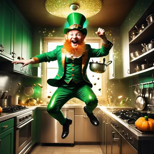 Prompt: (coquin) leprechaun technician jumping, stainless steel kitchen, sparkling glitter, playful ambiance, whimsical expression, vibrant colors, high detail, moody lighting, ultra-detailed, mischievous posture, kitchen tools around, dynamic energy, enchanting scene, fantasy vibe, cheerful atmosphere, magical elements.