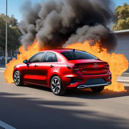 Prompt: 2023 kia rio sedan with the muffle on the hood and 2 stepping with fire