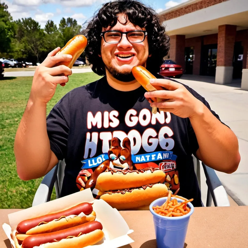 Prompt: Create an image of this guy eating lots of hotdogs