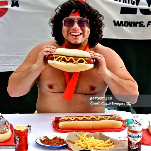 Prompt: Man, hot dog eating competition