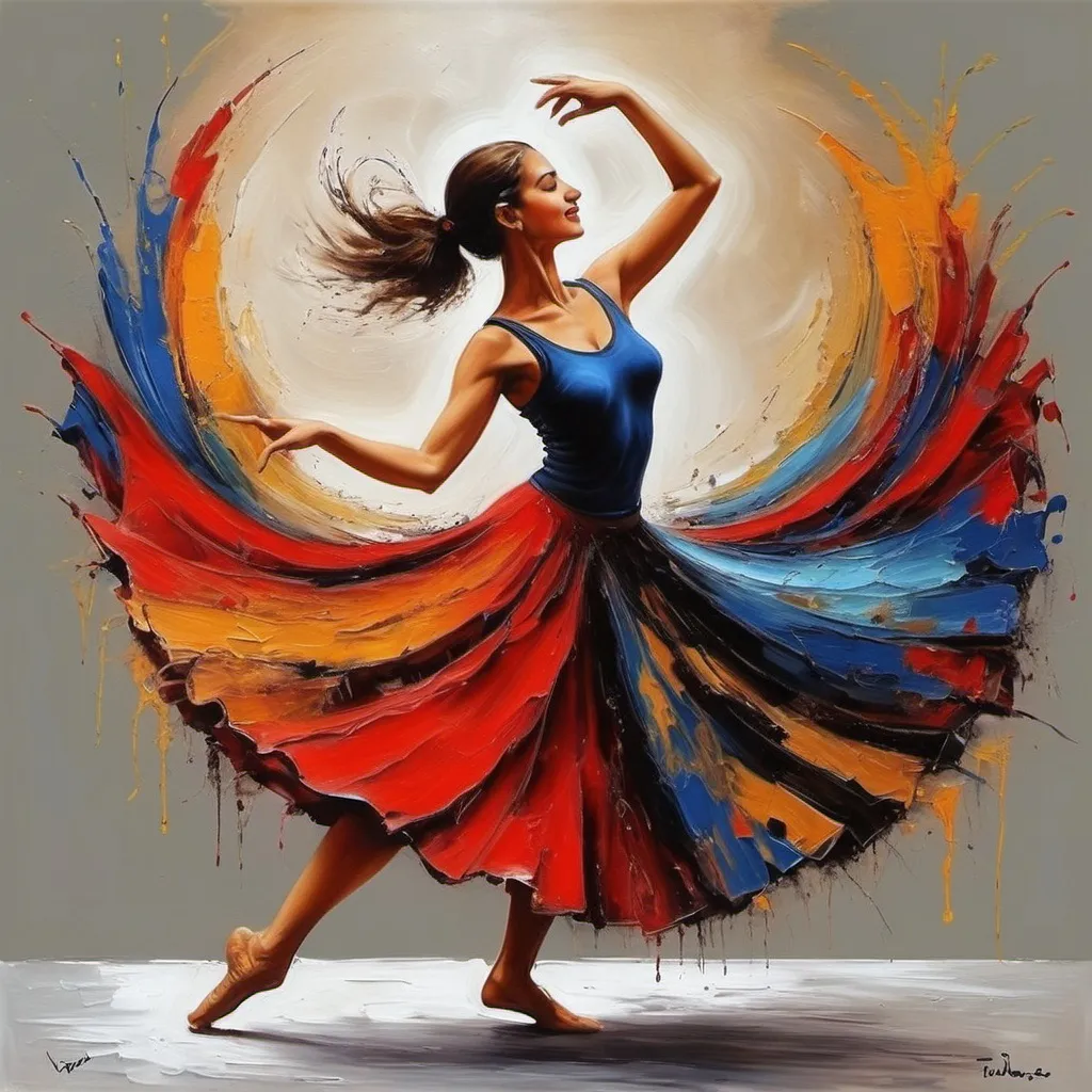 Prompt: a dancing figure, dancer, lady, freedom, dancing child and lady, this needs to be a painting, ı don't want it like a photo, more contemporary painting, can you make it shown like more painting? This dancer is Turkish and she is a mom. This lady is in love with life, very happy. Painting is more contemporary and modern. She feels she is flying. Please only use pink color in her dress. Make her look like a sculpture. Put baby next to the women.