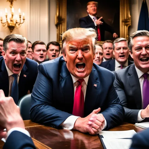 Prompt: (dramatic political scene), Trump at cabinet table, shouting fiercely and pointing at Starmer, Farage grinning beside him, tense atmosphere, blurred background of supporters and reporters, warm tones highlighting expressions, intense facial features, emphasis on the chaos of the moment, HD, ultra-detailed.